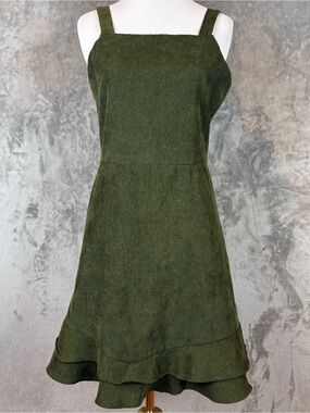 Pinafore Olive Green Corduroy Jumper Sleeveless Square-Neck Ruffle Dress